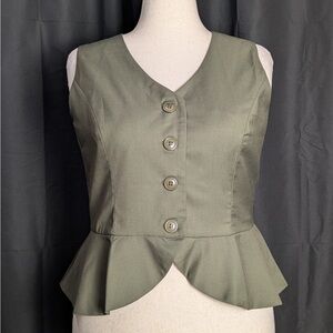Belle Poque Olive Green Women's V-Neck Button Up Peplum Vest